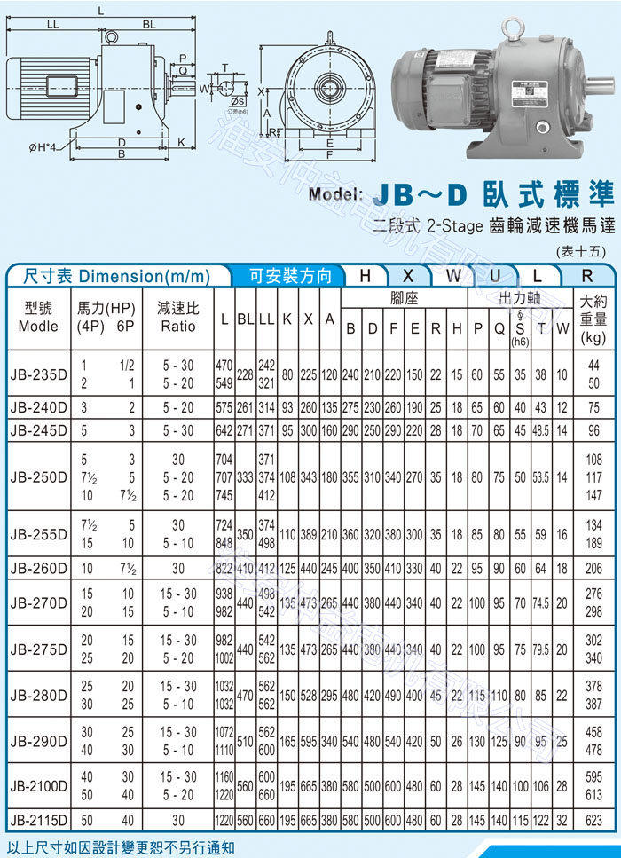 台湾减速机-91视频官网下载强力型减速机 JB-D卧式标准（二段式2-Stage91视频下载免费马达）